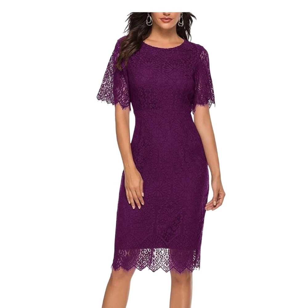 MEROKEETY Plum Purple Floral Lace Flutter Sleeve Sheath Dress Small NEW